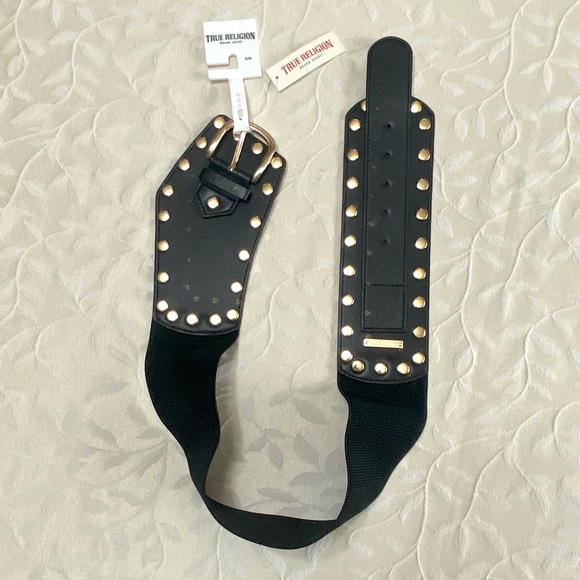🆕 True Religion Belt Womens Small Medium Black Wide Studded Elastic Stretch NWT - Picture 7 of 10